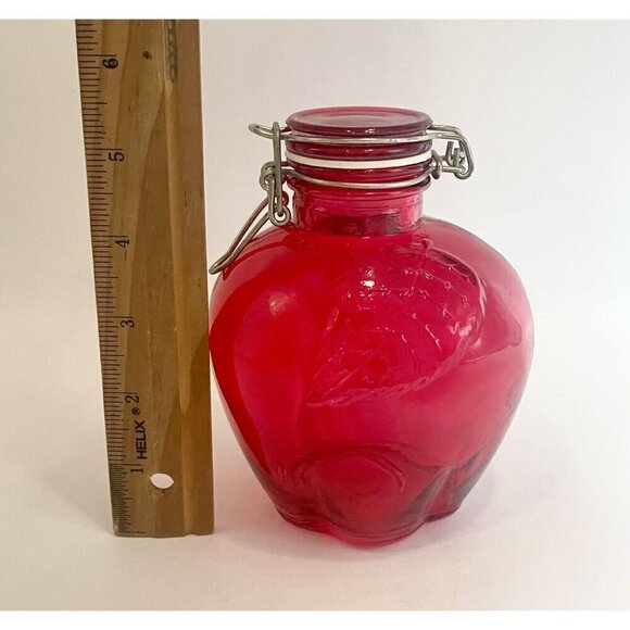 Cherry Red Glass Apple Canister 5.5” Jar with Wire Bail Lid Food Storage Craft - Picture 5 of 10